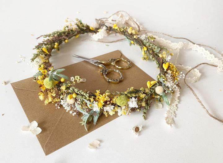 Rustic Flower Wedding Crown: Yellow Green Meadow Hair Wreath – handmade floral hair accessory by magaela
