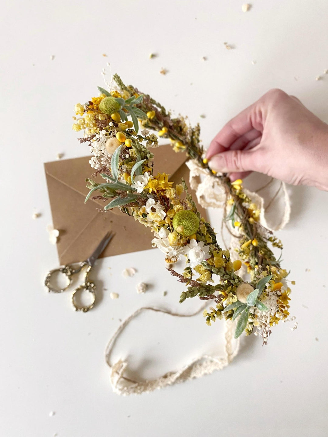 Rustic Flower Wedding Crown: Yellow Green Meadow Hair Wreath – handmade floral hair accessory by magaela