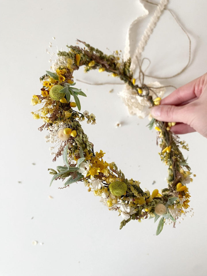 Rustic Flower Wedding Crown: Yellow Green Meadow Hair Wreath – handmade floral hair accessory by magaela