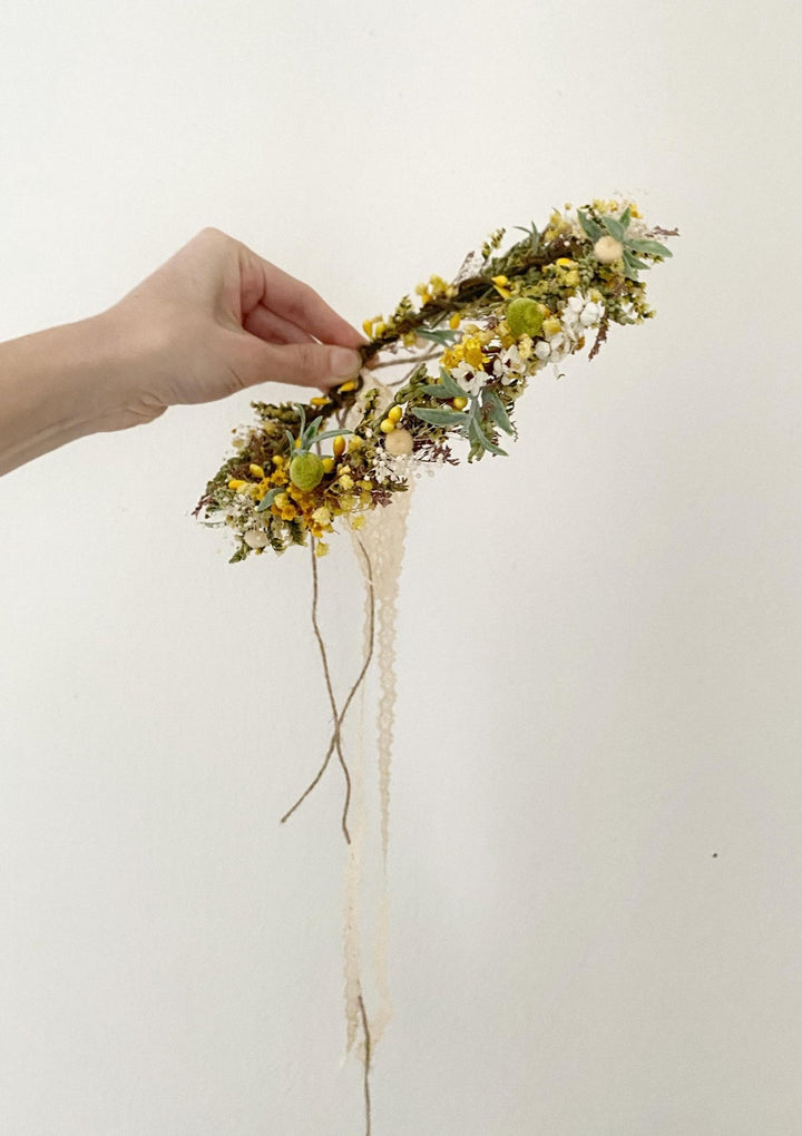 Rustic Flower Wedding Crown: Yellow Green Meadow Hair Wreath – handmade floral hair accessory by magaela