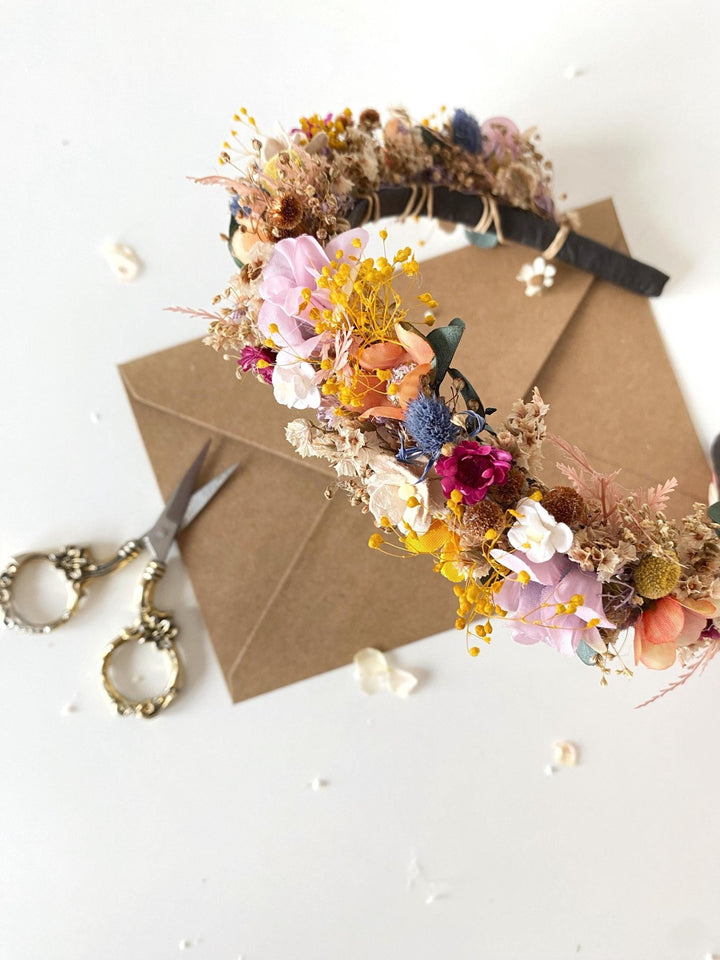 Colorful Wildflower Headband: Boho Bridal Flower Crown – handmade floral hair accessory by magaela