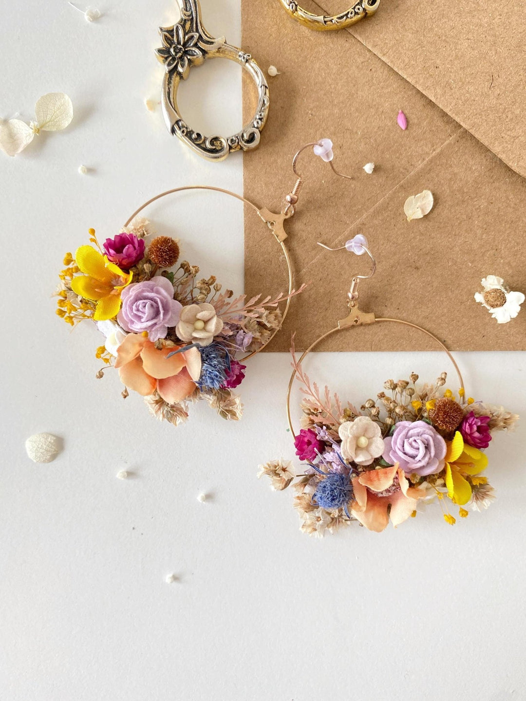 Floral Circle Earrings: Boho Wedding, Summer Garden Design – handmade floral hair accessory by magaela