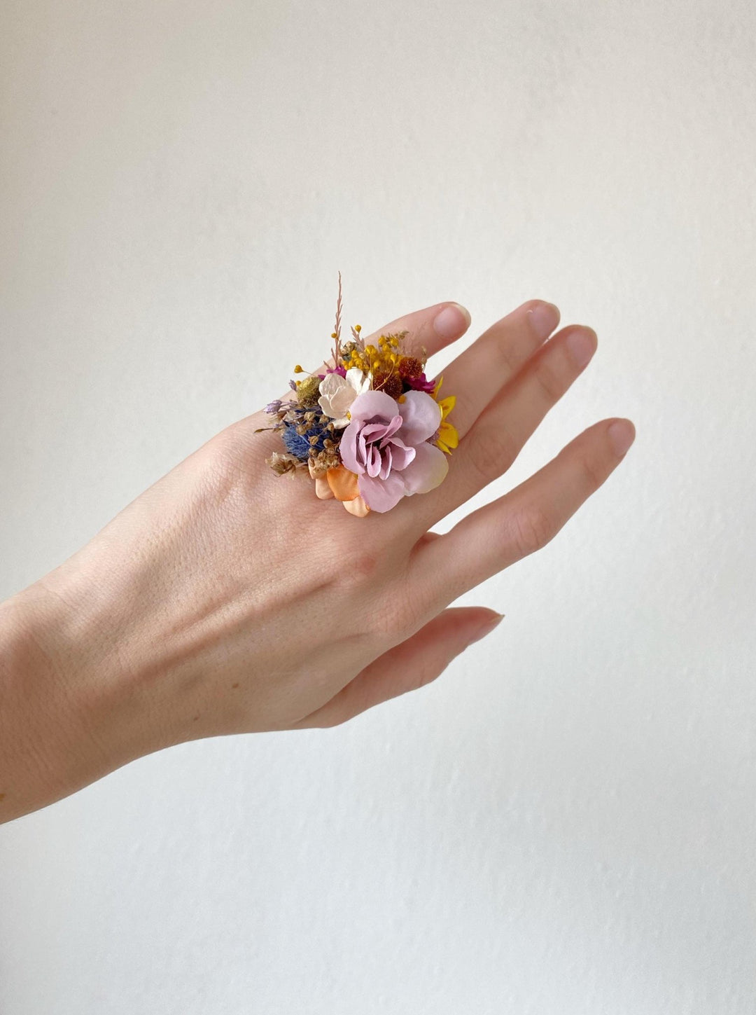 Boho Flower Ring: Colorful Meadow Design, Adjustable Floral Jewelry – handmade floral hair accessory by magaela