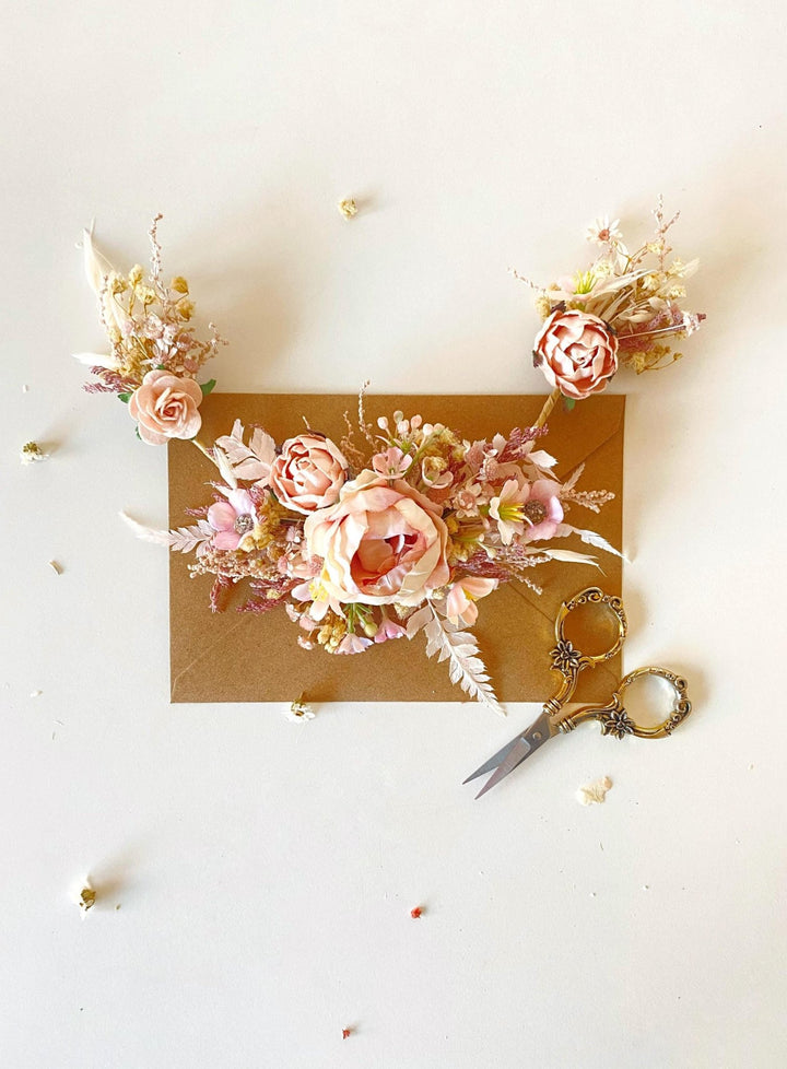 Boho Bridal Hair Vine: Pale Pink Flower Veil, Cottagecore Wedding – handmade floral hair accessory by magaela