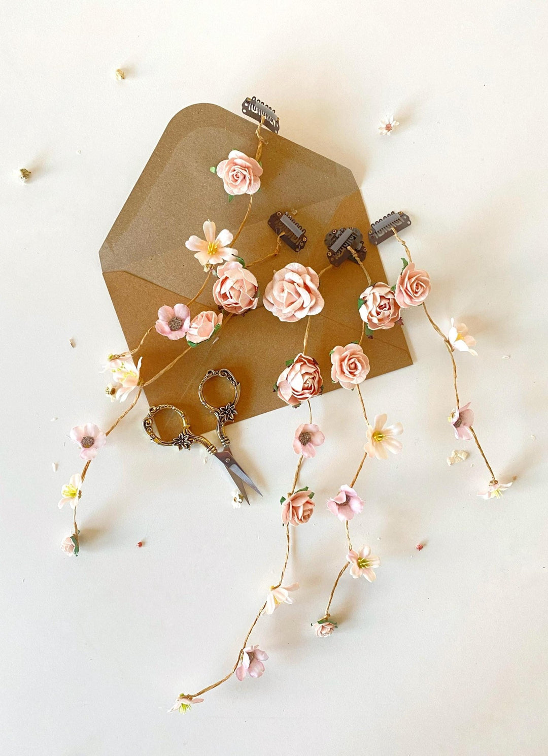 Boho Bridal Hair Vine: Pale Pink Flower Veil, Cottagecore Wedding – handmade floral hair accessory by magaela