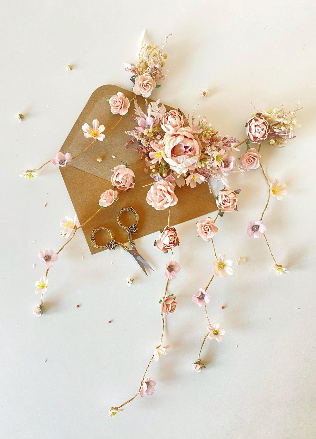 Boho Bridal Hair Vine: Pale Pink Flower Veil, Cottagecore Wedding – handmade floral hair accessory by magaela