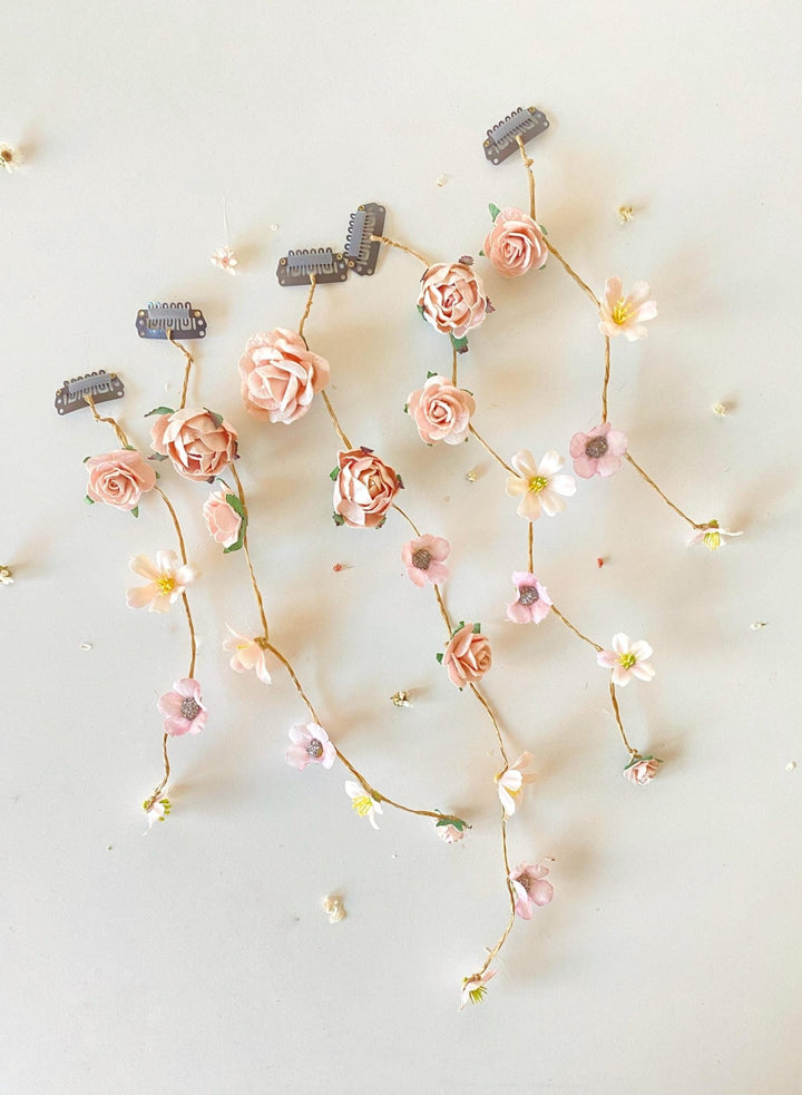 Boho Bridal Hair Vine: Pale Pink Flower Veil, Cottagecore Wedding – handmade floral hair accessory by magaela