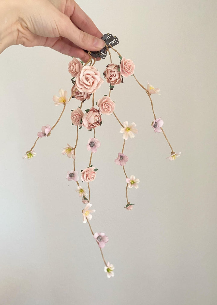 Boho Bridal Hair Vine: Pale Pink Flower Veil, Cottagecore Wedding – handmade floral hair accessory by magaela