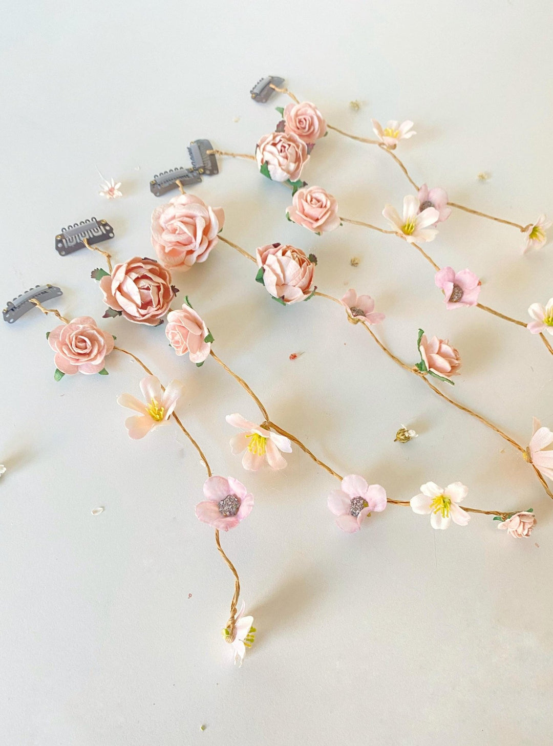 Boho Bridal Hair Vine: Pale Pink Flower Veil, Cottagecore Wedding – handmade floral hair accessory by magaela