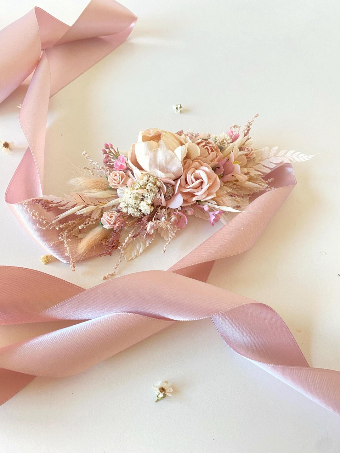 Pale Pink Flower Wedding Belt: Blush Ivory Bridal Sash – handmade floral hair accessory by magaela