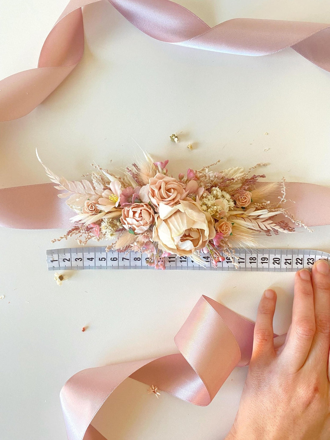 Pale Pink Flower Wedding Belt: Blush Ivory Bridal Sash – handmade floral hair accessory by magaela