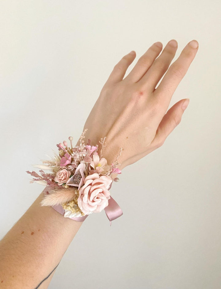 Pink Flower Wedding Corsage Bracelet: Romantic Bride Accessory – handmade floral hair accessory by magaela