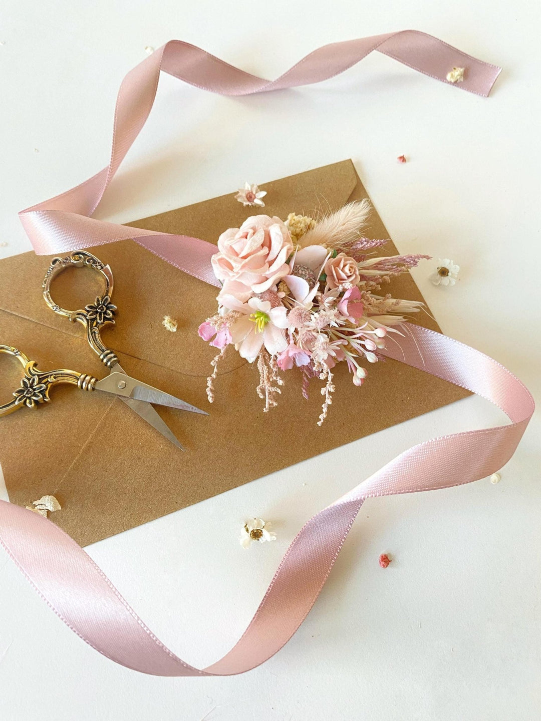 Pink Flower Wedding Corsage Bracelet: Romantic Bride Accessory – handmade floral hair accessory by magaela
