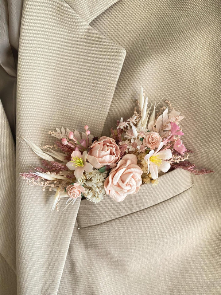 Pink Cream Flower Boutonniere: Romantic Wedding Pocket Corsage – handmade floral hair accessory by magaela