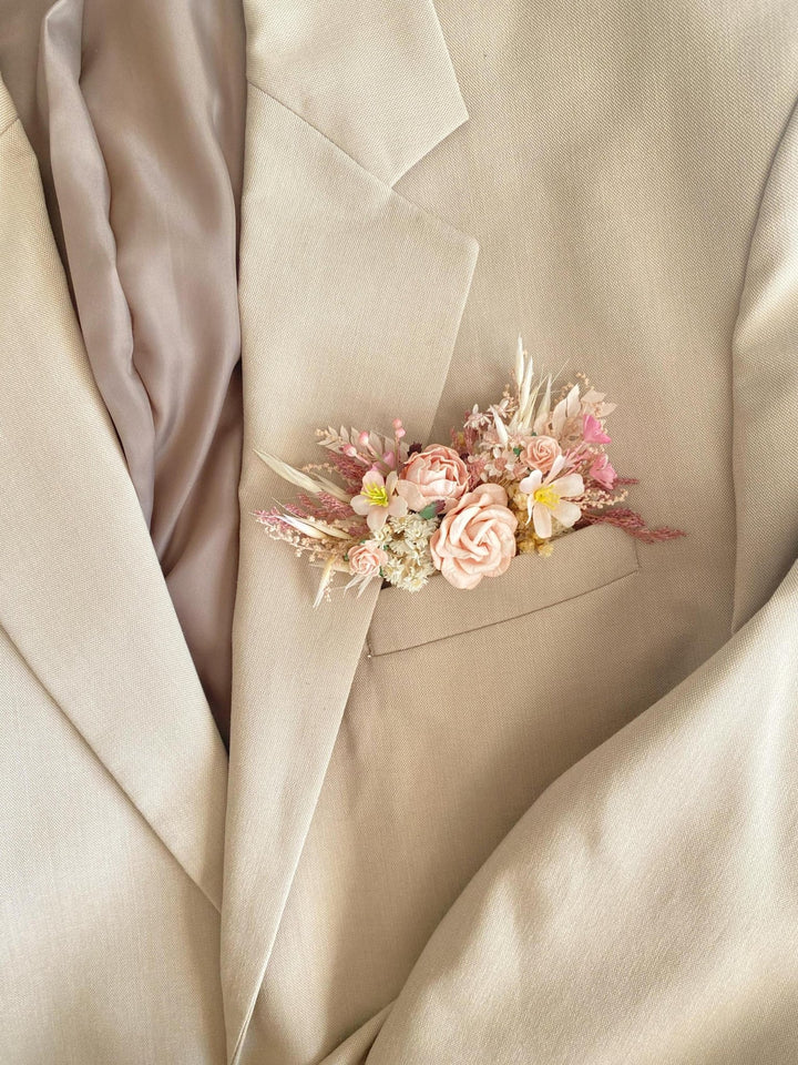 Pink Cream Flower Boutonniere: Romantic Wedding Pocket Corsage – handmade floral hair accessory by magaela