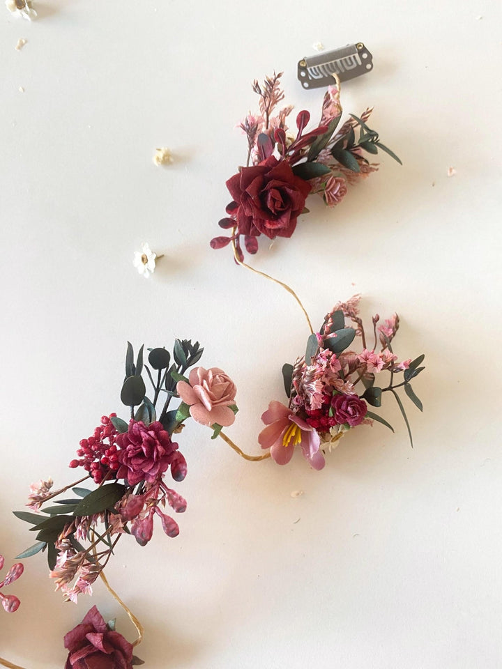 Burgundy Flower Hair Clip: Rustic Wedding Boho Hairstyle – handmade floral hair accessory by magaela