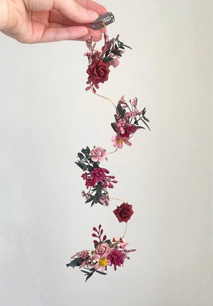Burgundy Flower Hair Clip: Rustic Wedding Boho Hairstyle – handmade floral hair accessory by magaela