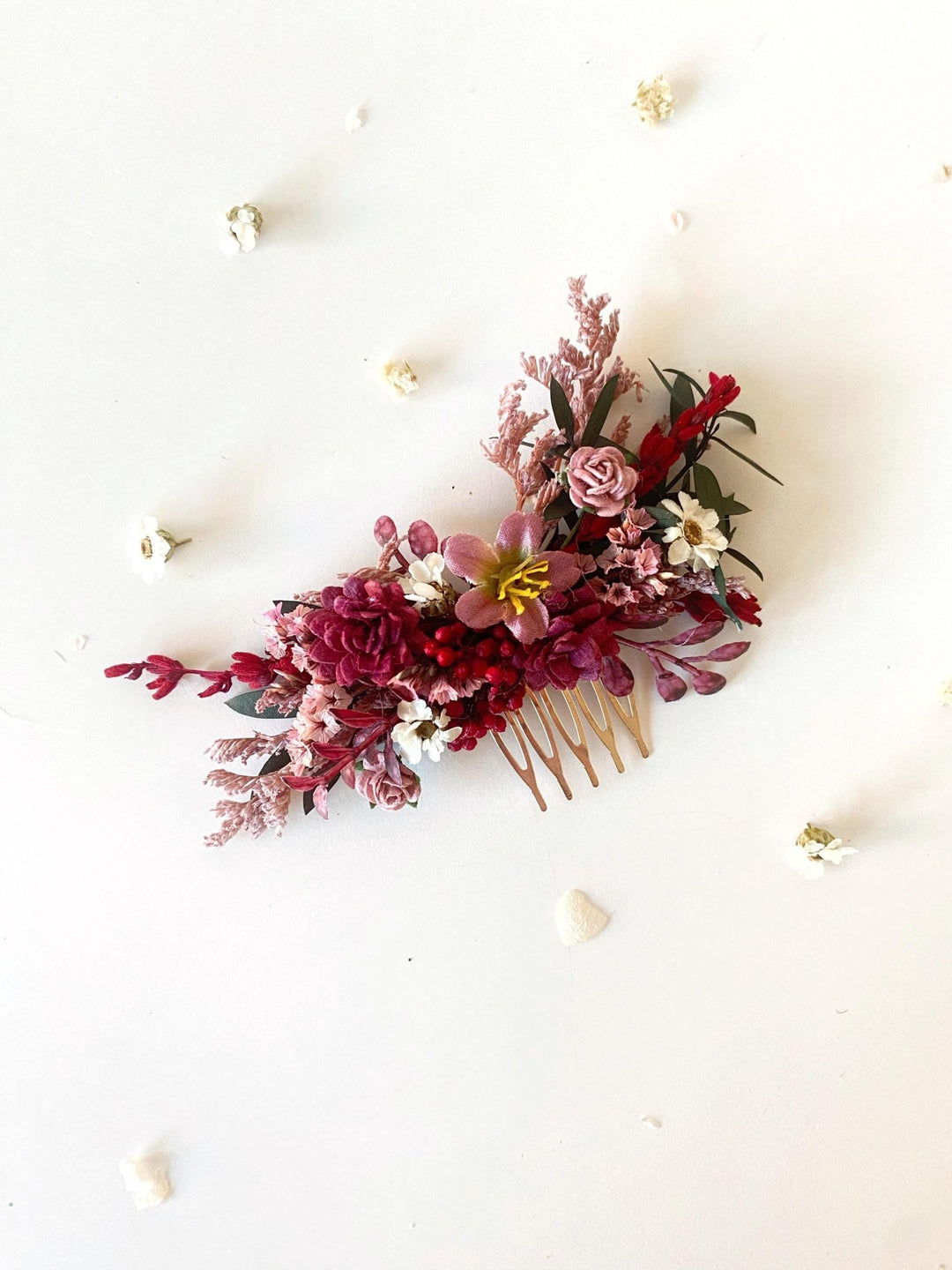 Burgundy Flower Hair Comb: Rustic Bridal Boho Wedding Accessory – handmade floral hair accessory by magaela