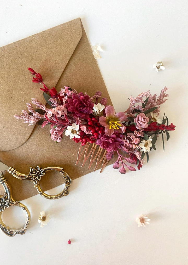 Burgundy Flower Hair Comb: Rustic Bridal Boho Wedding Accessory – handmade floral hair accessory by magaela