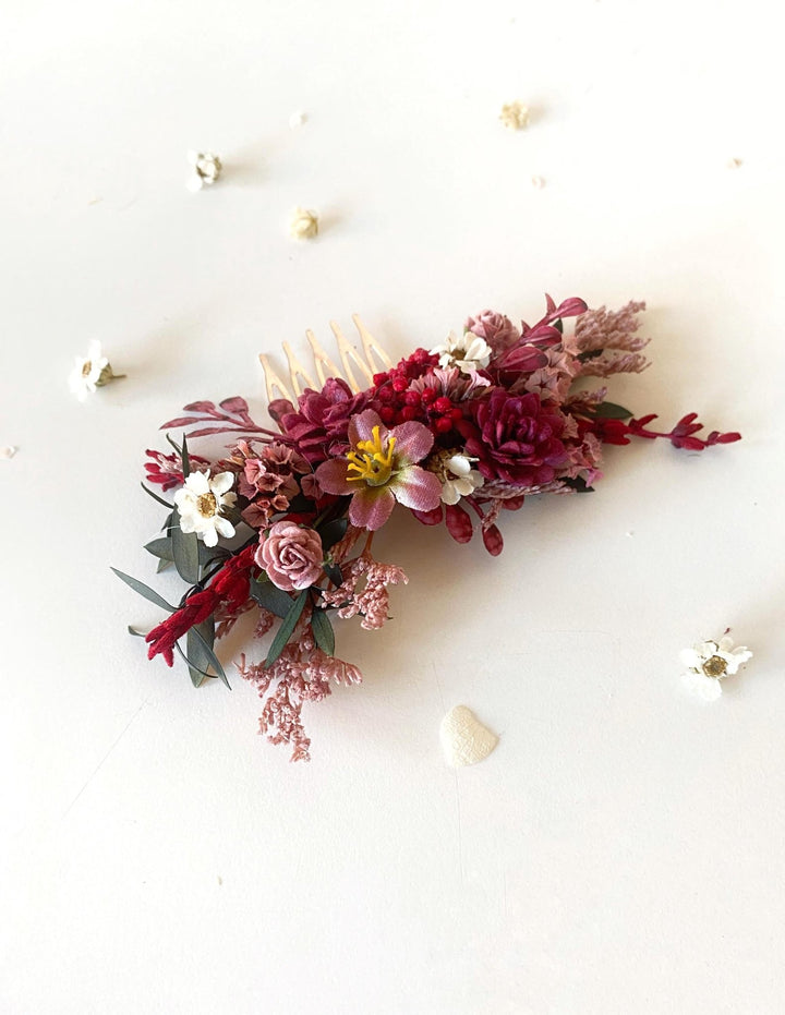 Burgundy Flower Hair Comb: Rustic Bridal Boho Wedding Accessory – handmade floral hair accessory by magaela