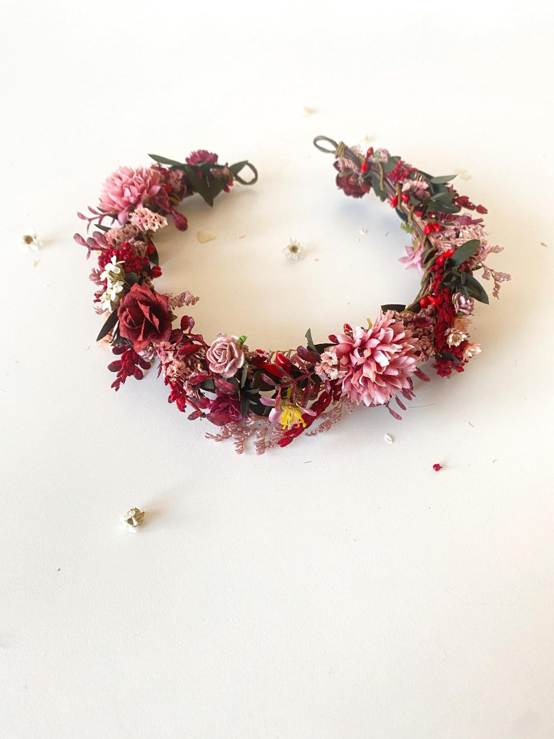 Burgundy Pink Flower Half Wreath: Boho Wedding Crown – handmade floral hair accessory by magaela
