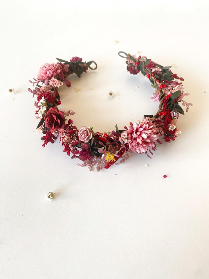 Burgundy Pink Flower Half Wreath: Boho Wedding Crown – handmade floral hair accessory by magaela