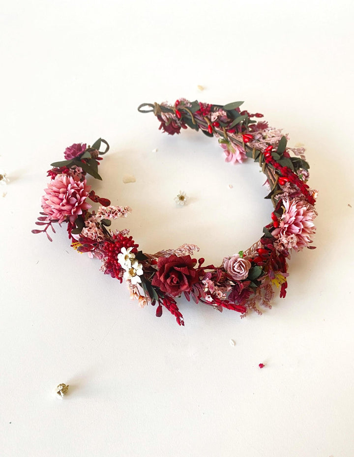 Burgundy Pink Flower Half Wreath: Boho Wedding Crown – handmade floral hair accessory by magaela
