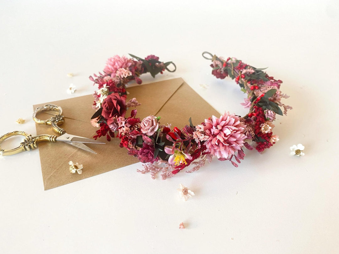 Burgundy Pink Flower Half Wreath: Boho Wedding Crown – handmade floral hair accessory by magaela