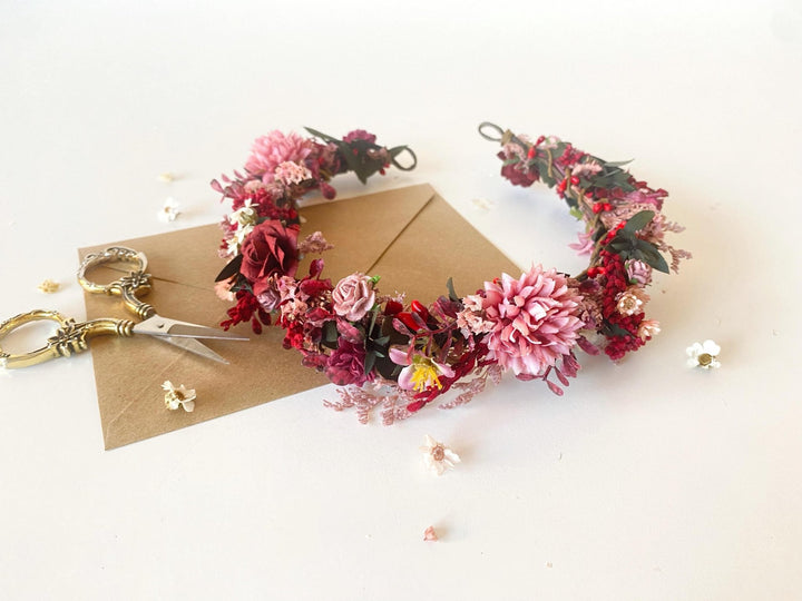 Burgundy Pink Flower Half Wreath: Boho Wedding Crown – handmade floral hair accessory by magaela