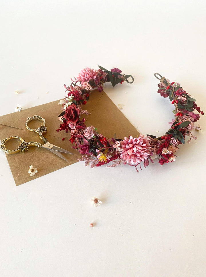 Burgundy Pink Flower Half Wreath: Boho Wedding Crown – handmade floral hair accessory by magaela