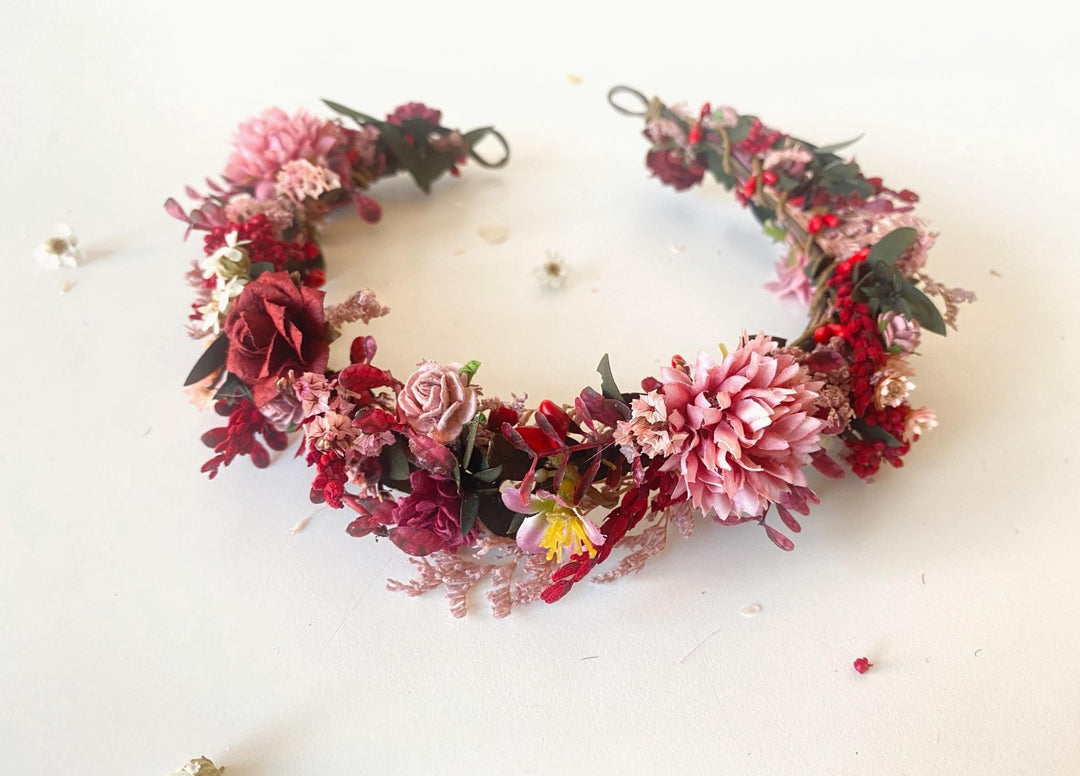 Burgundy Pink Flower Half Wreath: Boho Wedding Crown – handmade floral hair accessory by magaela