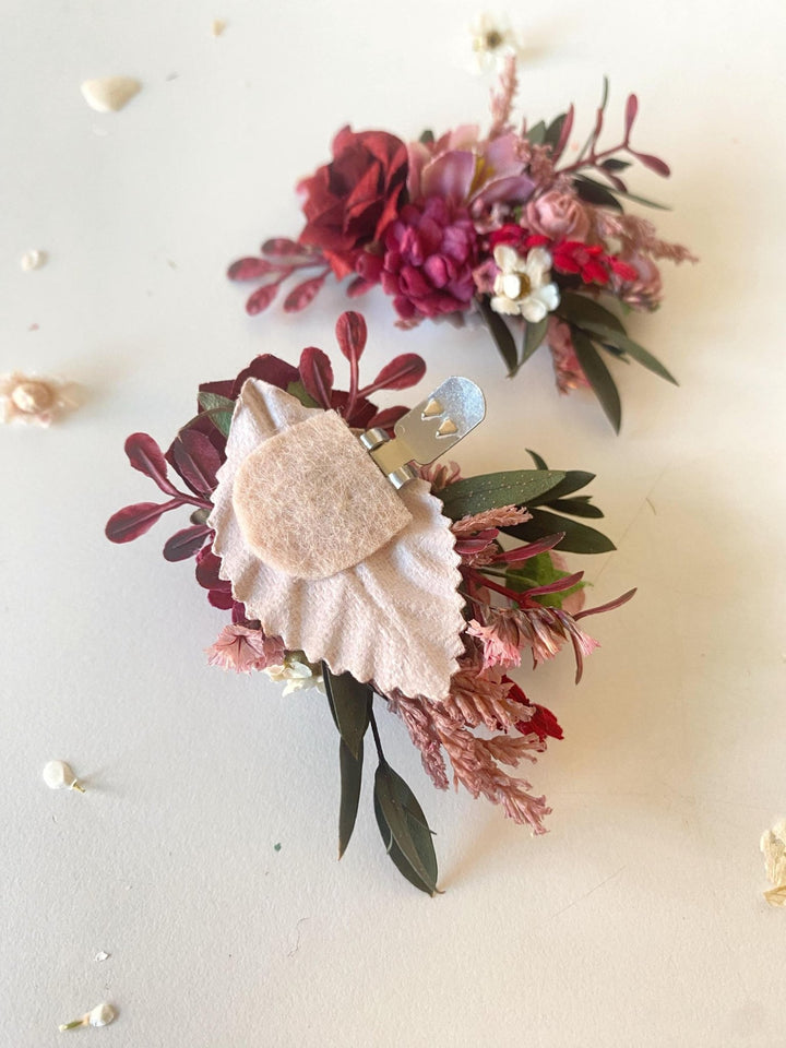 Burgundy Flower Shoe Clips: Boho Wedding Floral Decoration – handmade floral hair accessory by magaela