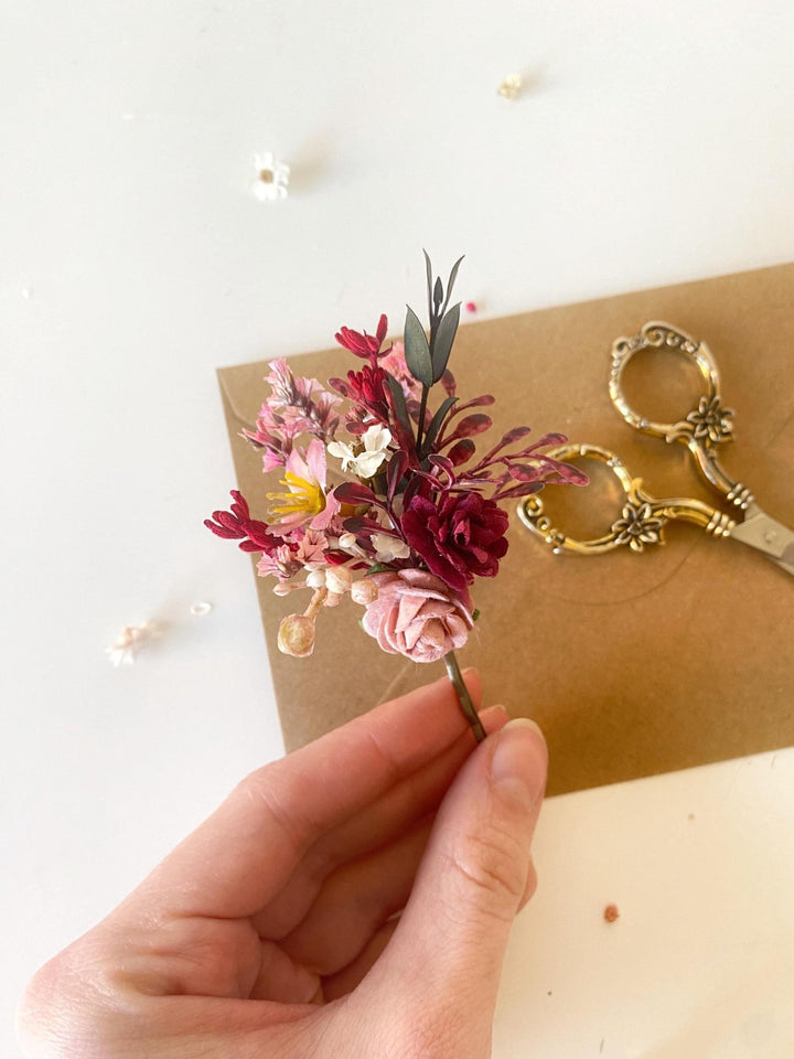 Rustic Burgundy Flower Hair Pins: Cottagecore Bridal Bobby Pins – handmade floral hair accessory by magaela