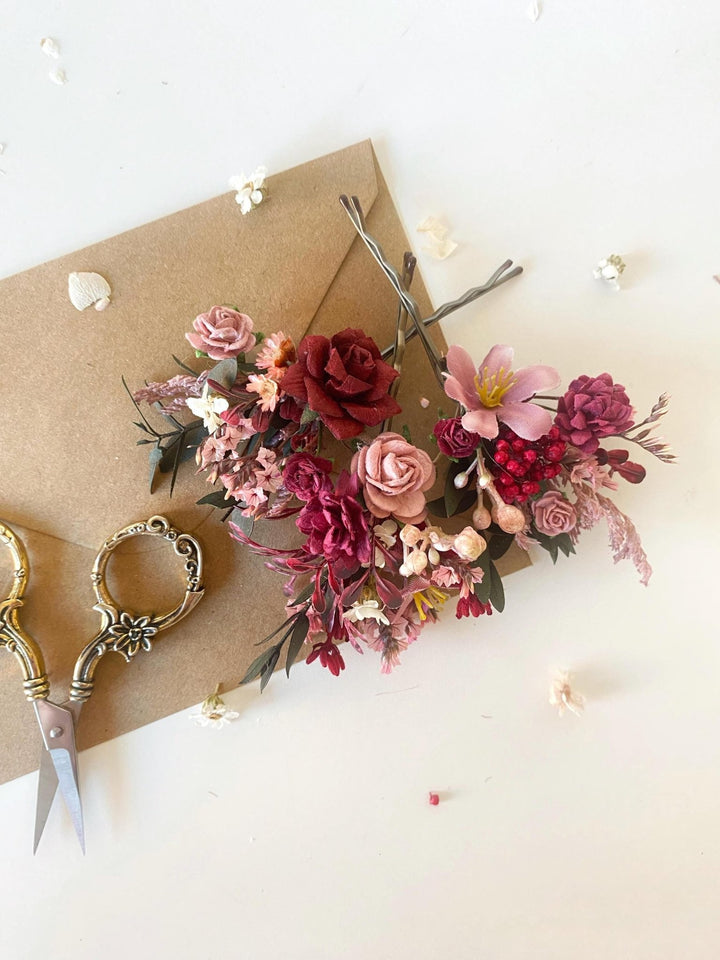 Rustic Burgundy Flower Hair Pins: Cottagecore Bridal Bobby Pins – handmade floral hair accessory by magaela