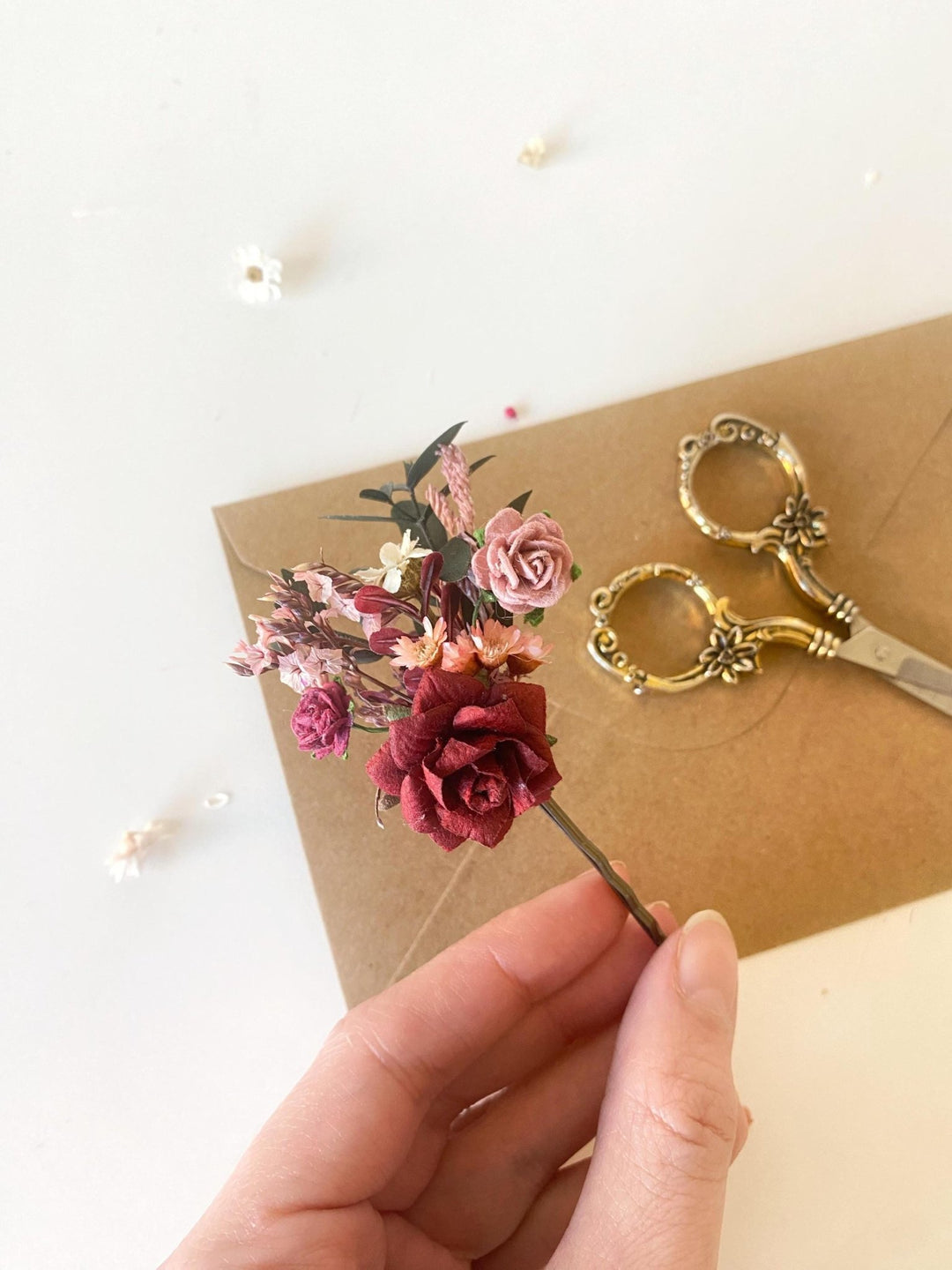 Rustic Burgundy Flower Hair Pins: Cottagecore Bridal Bobby Pins – handmade floral hair accessory by magaela