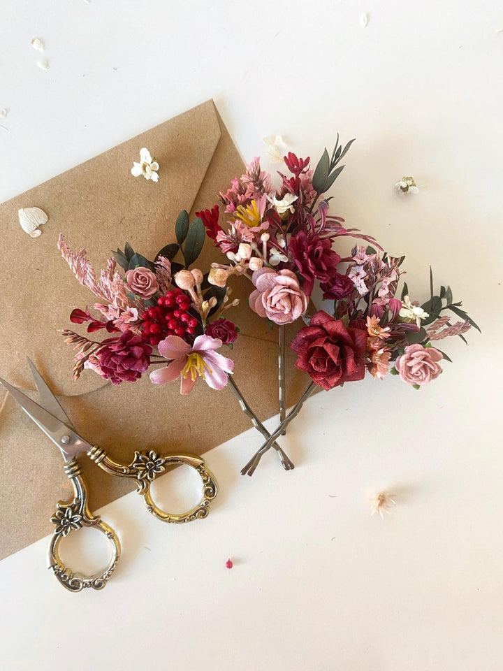 Rustic Burgundy Flower Hair Pins: Cottagecore Bridal Bobby Pins – handmade floral hair accessory by magaela