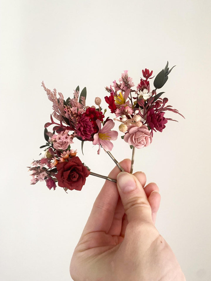 Rustic Burgundy Flower Hair Pins: Cottagecore Bridal Bobby Pins – handmade floral hair accessory by magaela