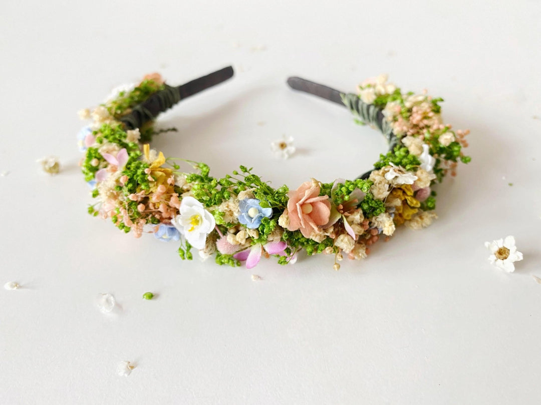 Pastel Flower Headband: Boho Bridal Meadow Crown – handmade floral hair accessory by magaela