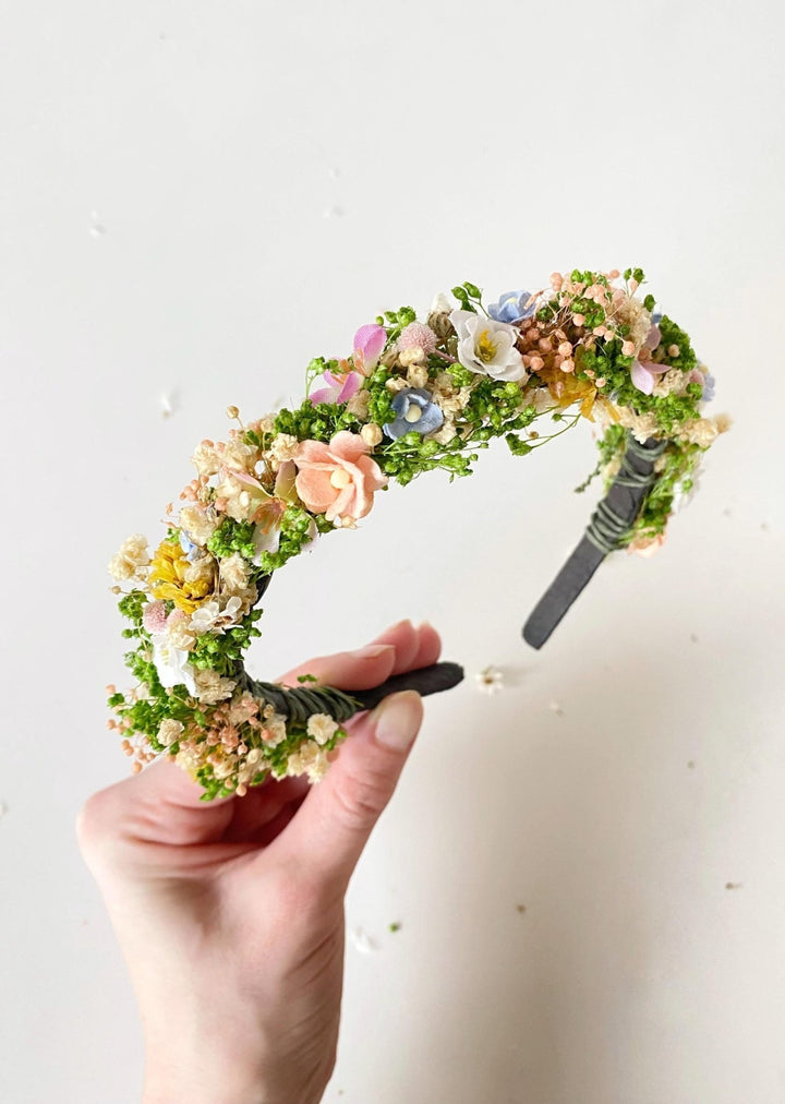Pastel Flower Headband: Boho Bridal Meadow Crown – handmade floral hair accessory by magaela