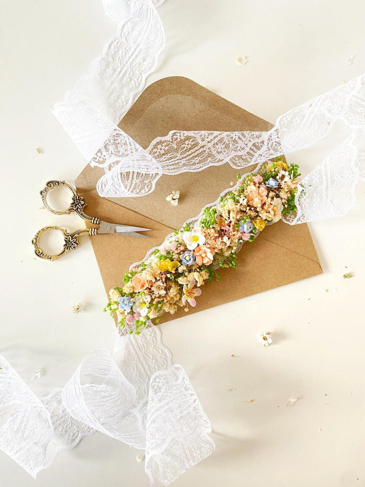 Pastel Flower Bridal Belt: Boho Meadow Wedding Dress Accessory – handmade floral hair accessory by magaela