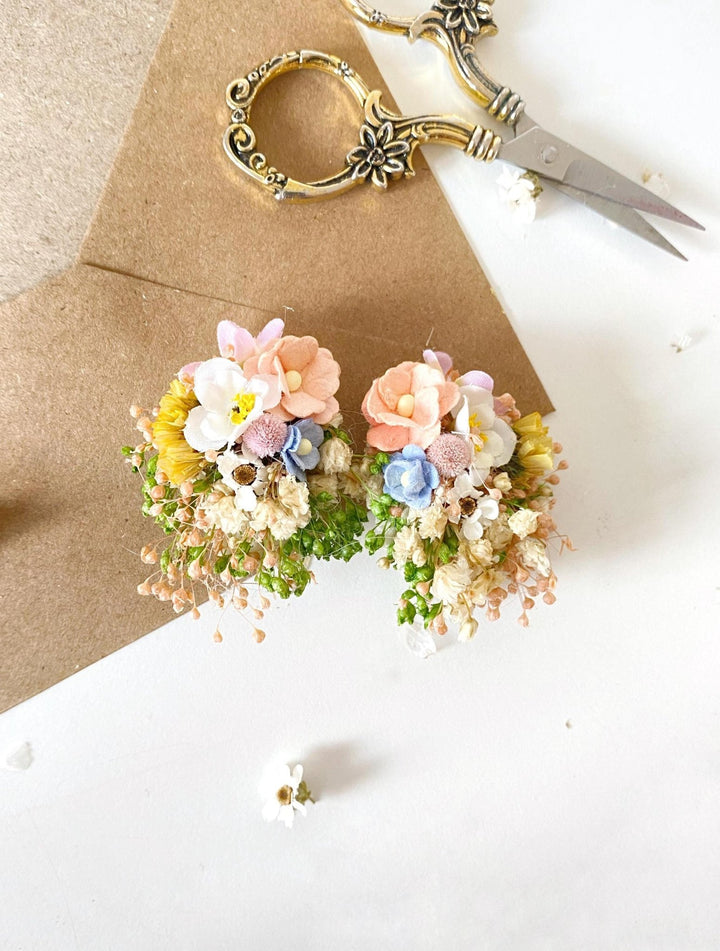 Pastel Flower Stud Earrings: Spring Wedding, Meadow Wildflowers – handmade floral hair accessory by magaela
