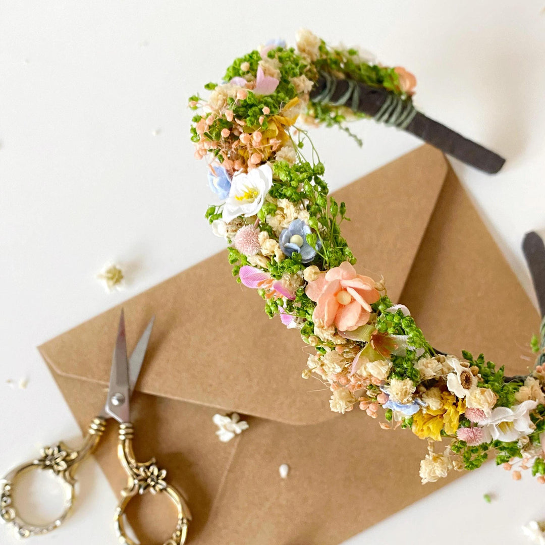 Pastel Flower Headband: Boho Bridal Meadow Crown – handmade floral hair accessory by magaela