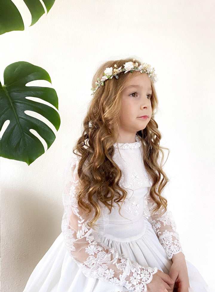 White Rose Flower Crown: First Communion, Wedding Headpiece – handmade floral hair accessory by magaela
