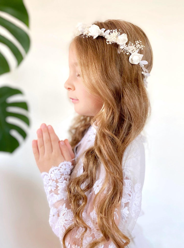 White Rose Communion Crown: Handmade Floral Headpiece – handmade floral hair accessory by magaela