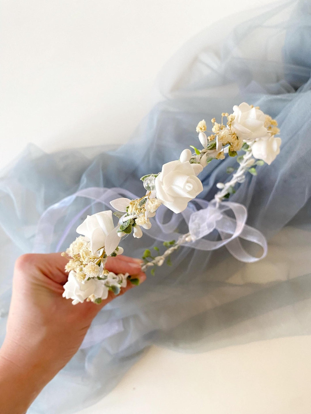 White Rose Flower Crown: First Communion, Wedding Headpiece – handmade floral hair accessory by magaela