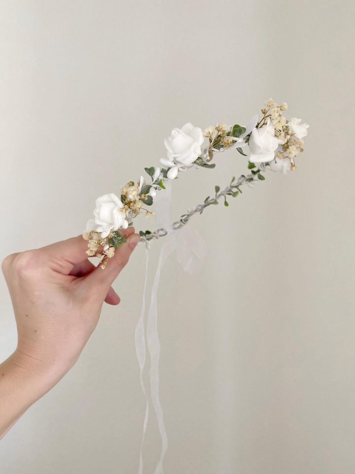 White Rose Flower Crown: First Communion, Wedding Headpiece – handmade floral hair accessory by magaela