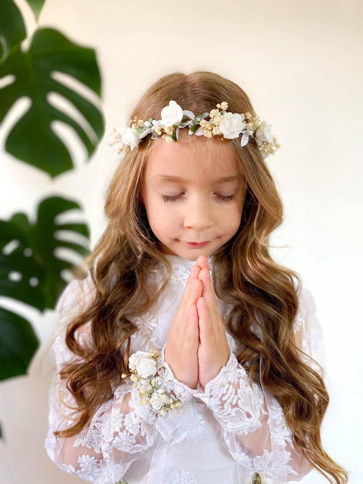 First Communion Set: White Rose Wreath, Flower Belt & Bracelet – handmade floral hair accessory by magaela