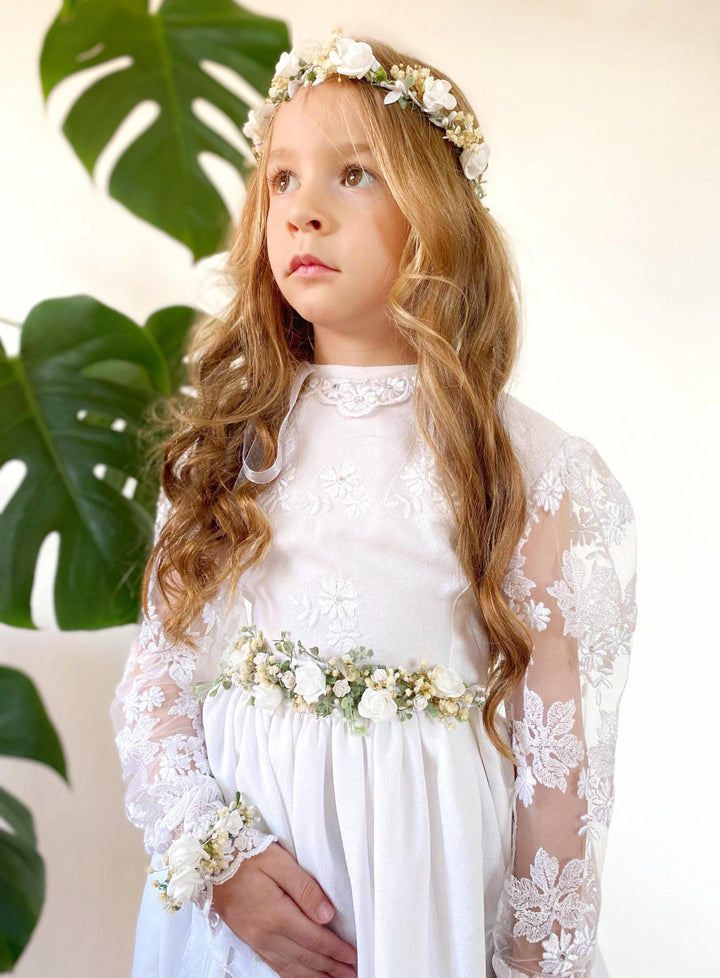 First Communion Set: White Rose Wreath, Flower Belt & Bracelet – handmade floral hair accessory by magaela