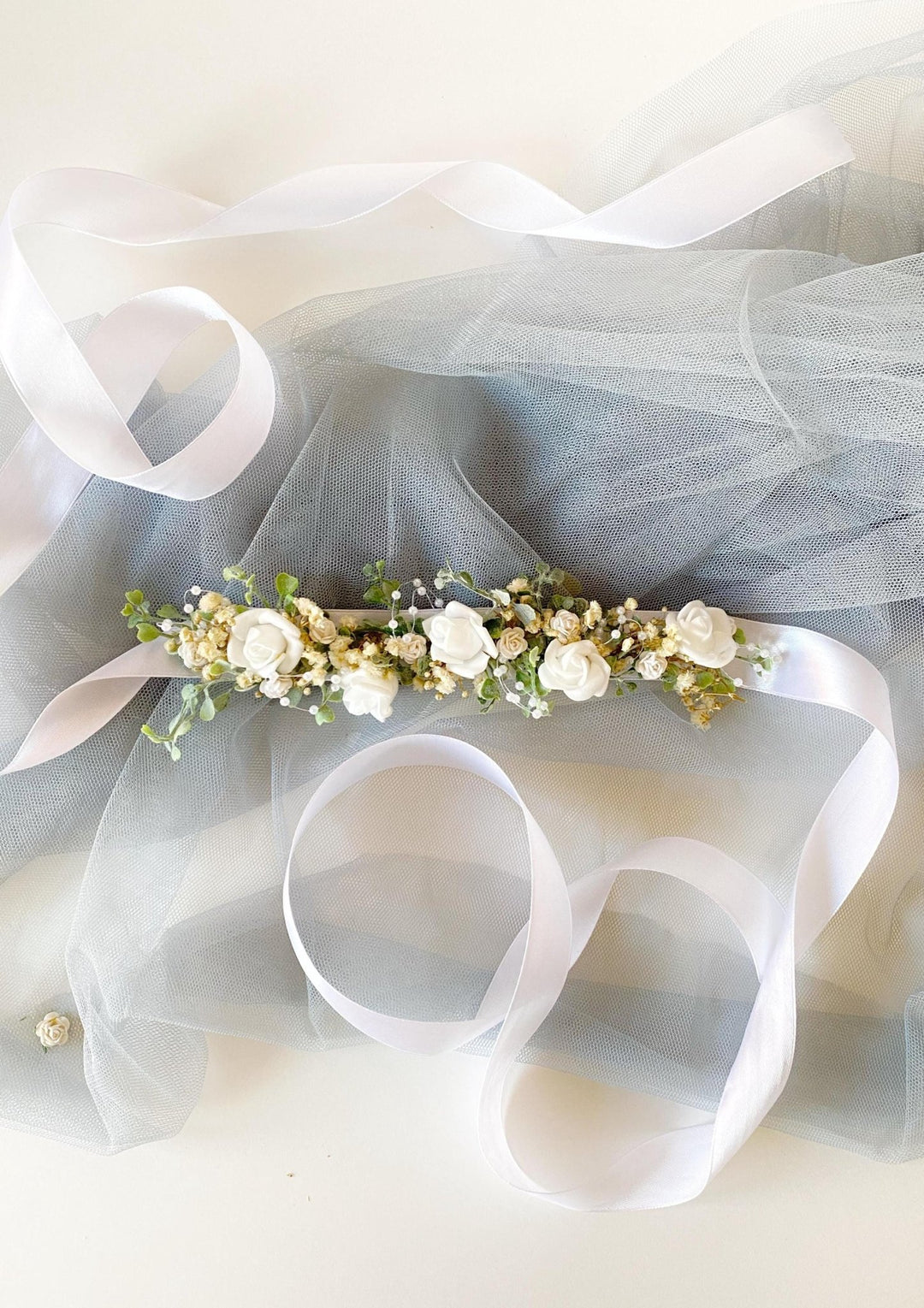 White Floral Belt: First Holy Communion Accessory – handmade floral hair accessory by magaela