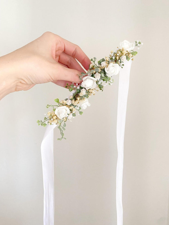 White Floral Belt: First Holy Communion Accessory – handmade floral hair accessory by magaela